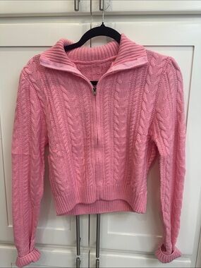 Women’s Pink Cable-Knit Half-Zip Turtleneck Sweater